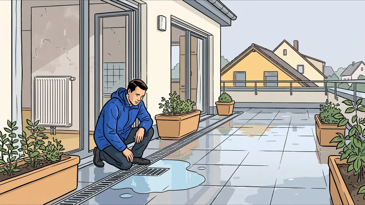 Dachterrasse nach dem Regen, Wasser steht am Ablauf