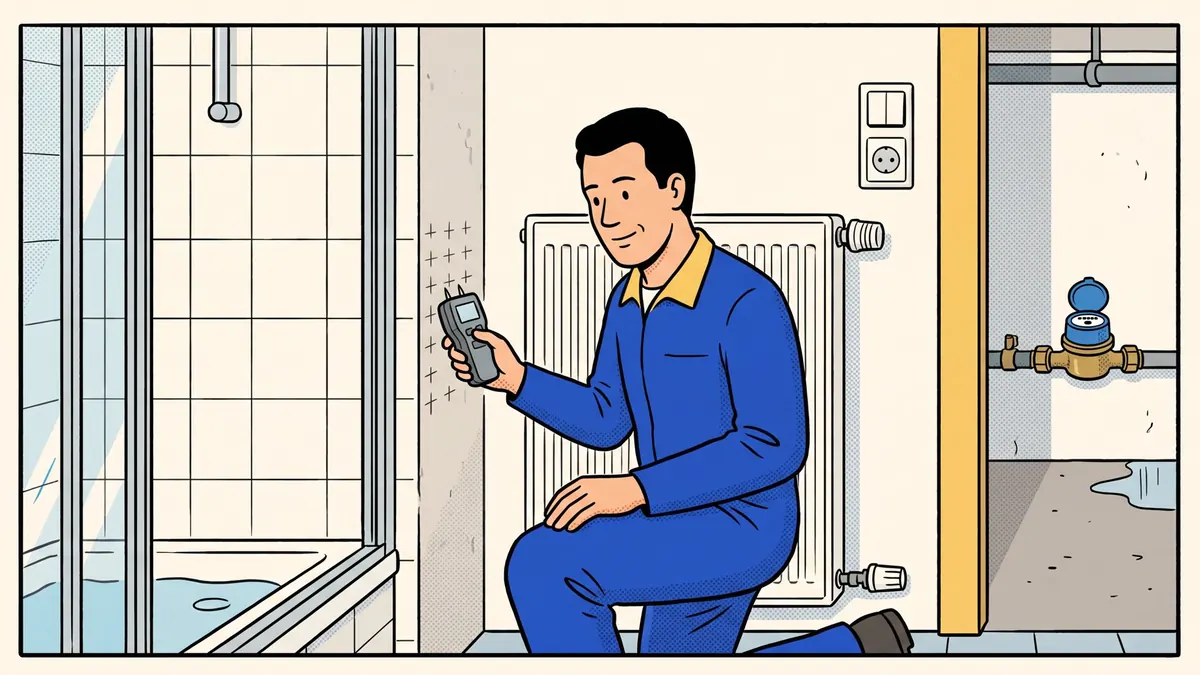 Feuchtemessung an mehreren Punkten einer Wand neben der Dusche